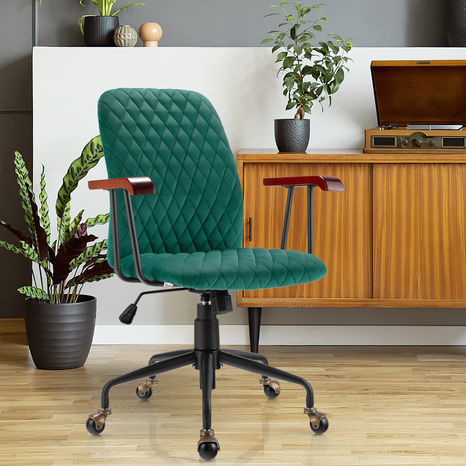 Vintage Green Velvet Office Chair - Adjustable Swivel Desk Chair with Copper Wheels