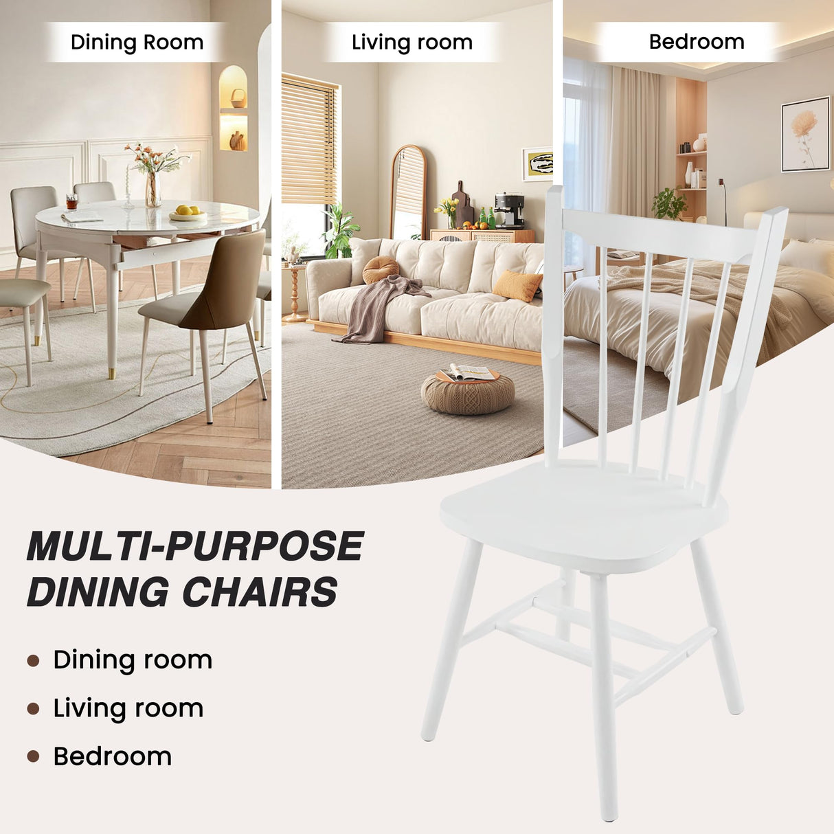 White Windsor Dining Chairs Set of 6 - Solid Wood Spindle Back