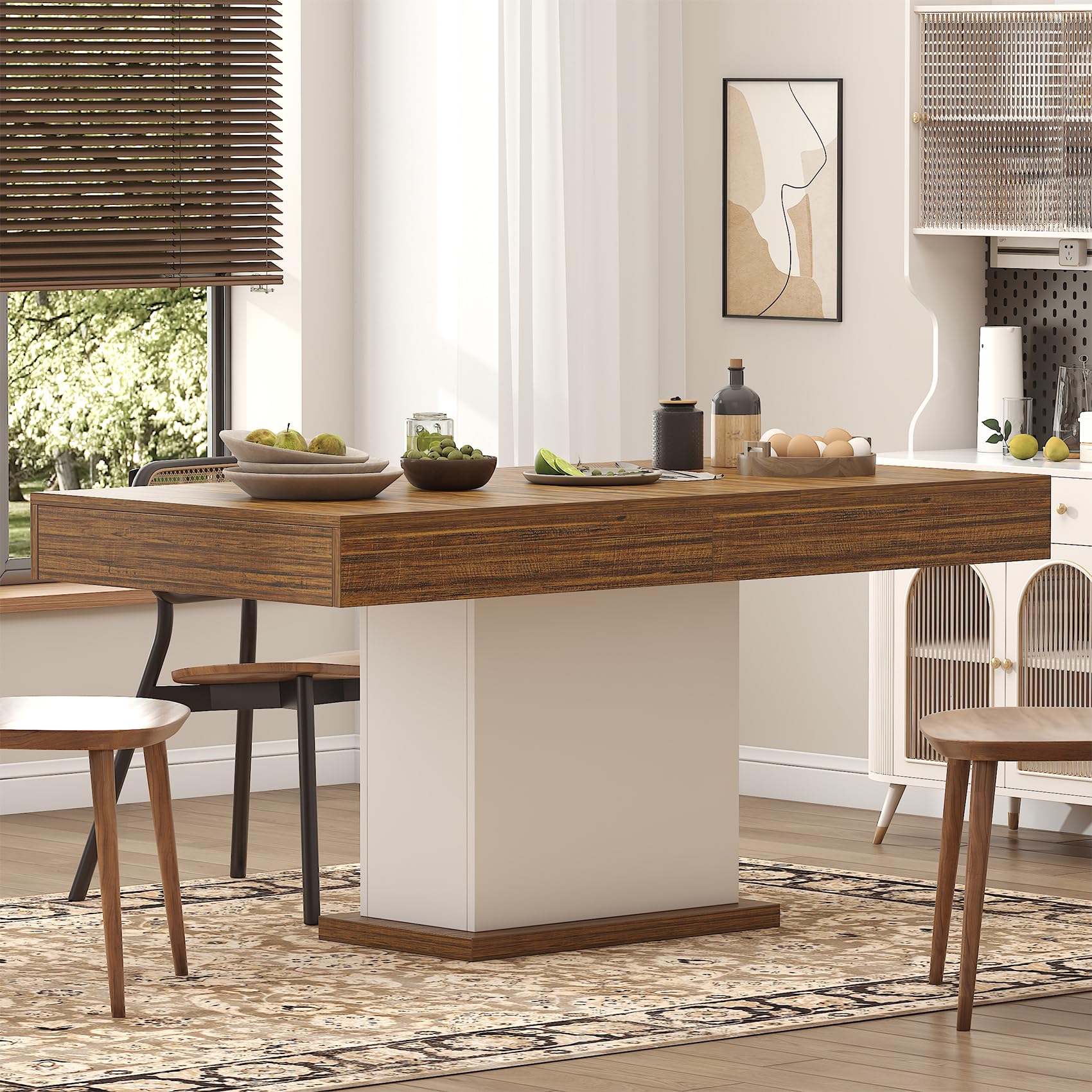 55-Inch Dining Table with Drawers & LED Lights - White & Rustic Brown