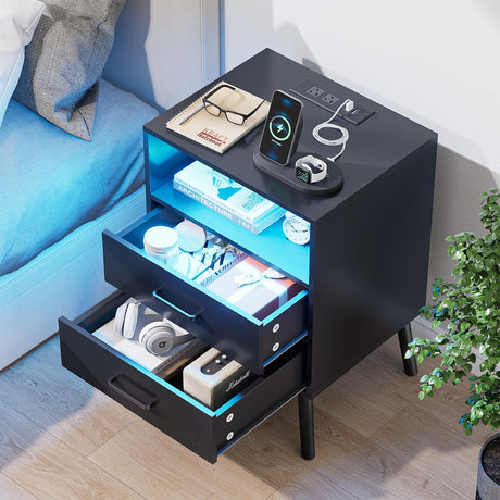 Nightstand with Charging Station and LED Lights, Night Stand with Drawers and Open