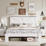 Queen Size Farmhouse Wooden Bed Frame with Headboard - White