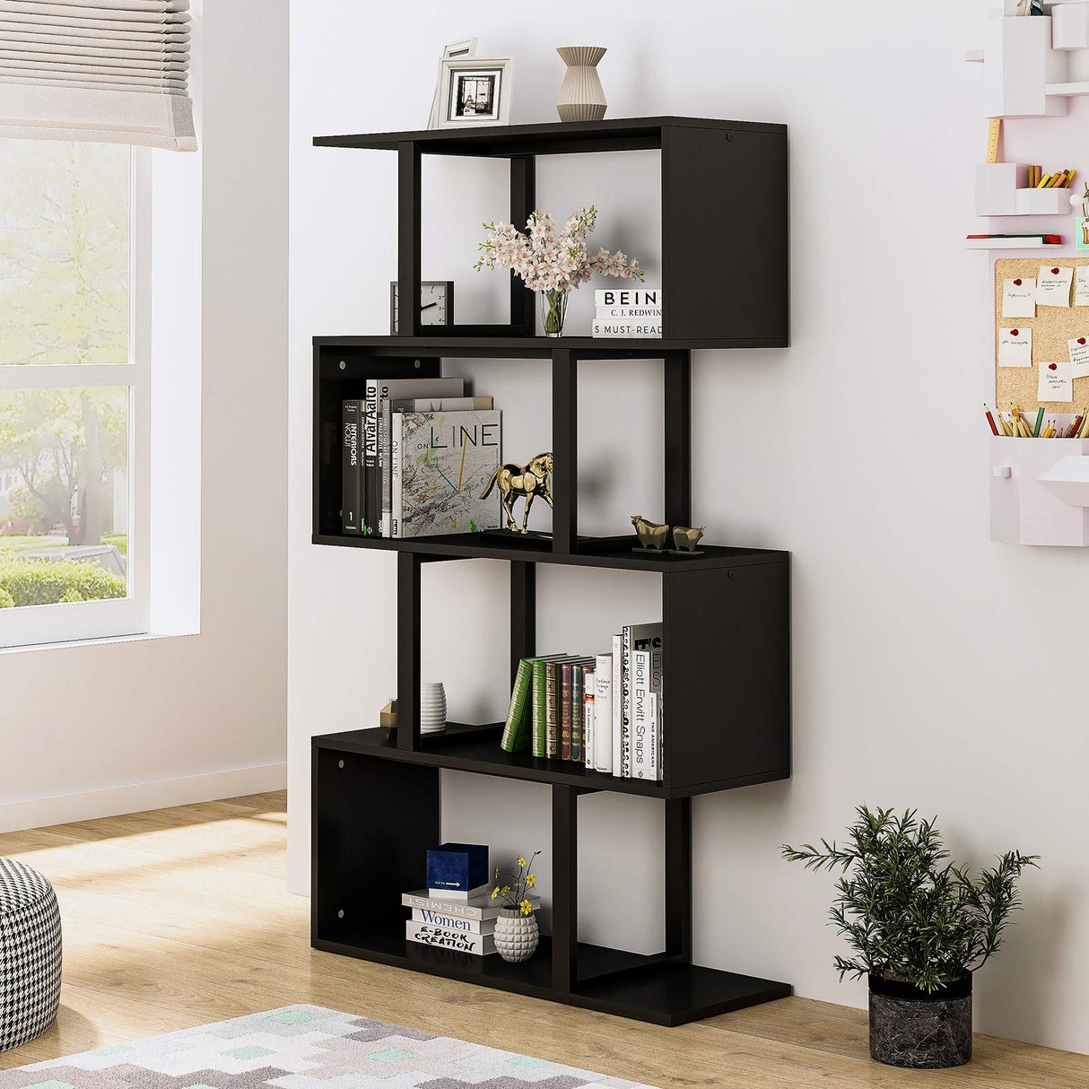 5 Tiers Bookshelf, Modern S-Shaped Z-Shelf Style Bookshelves, Multifunctional Geometric Bookcase Storage Display Shelf for Living Room Bedroom Home Office, Black