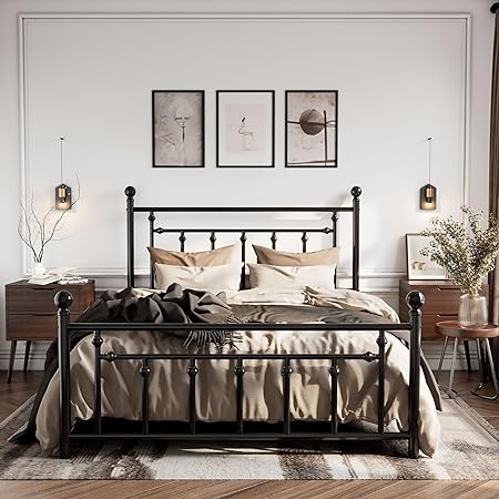 14'' Queen Size Metal Platform Bed Frame/Victorian Headboard and Footboard/Steel Slats