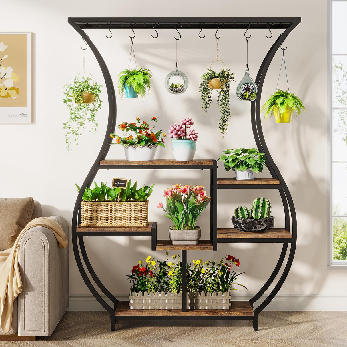 6-Tier Plant Stand, 70.9 Inch Tall Plant Shelf with 10 Hanging Hooks, Vase Shape