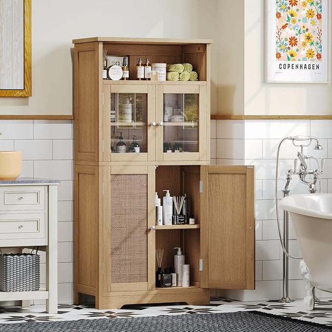 Bathroom Storage Cabinet, Bathroom Cabinet with Open Storage, Kitchen Pantry Cabinet with Doors, Bathroom Floor Cabinet, 23.6 x 11.8 x 50.4 Inches,