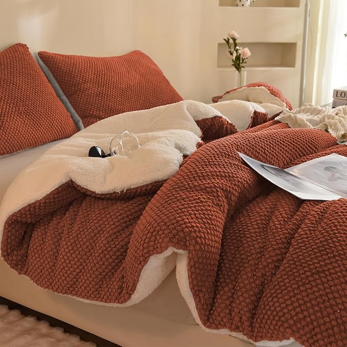 3D Jacquard Design Comforter Set, Ultra-Soft Warm Queen Size Sherpa Fur Plush 3-Pieces Sets