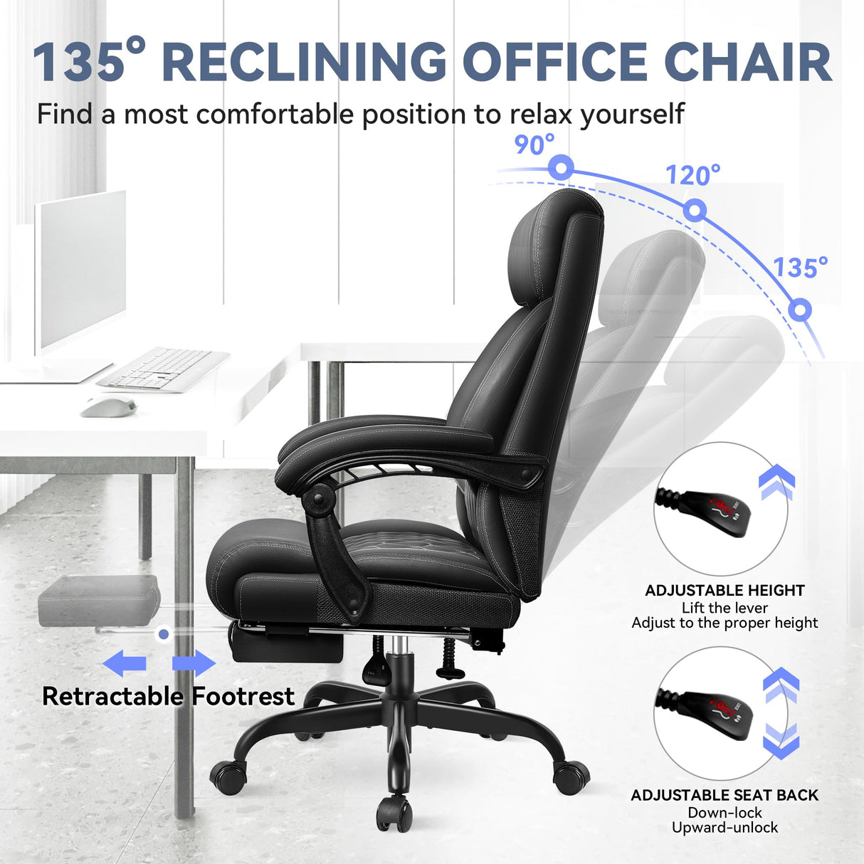 Office Chair, Big and Tall Office Chair, Reclining Office Chair with Footrest Home Office