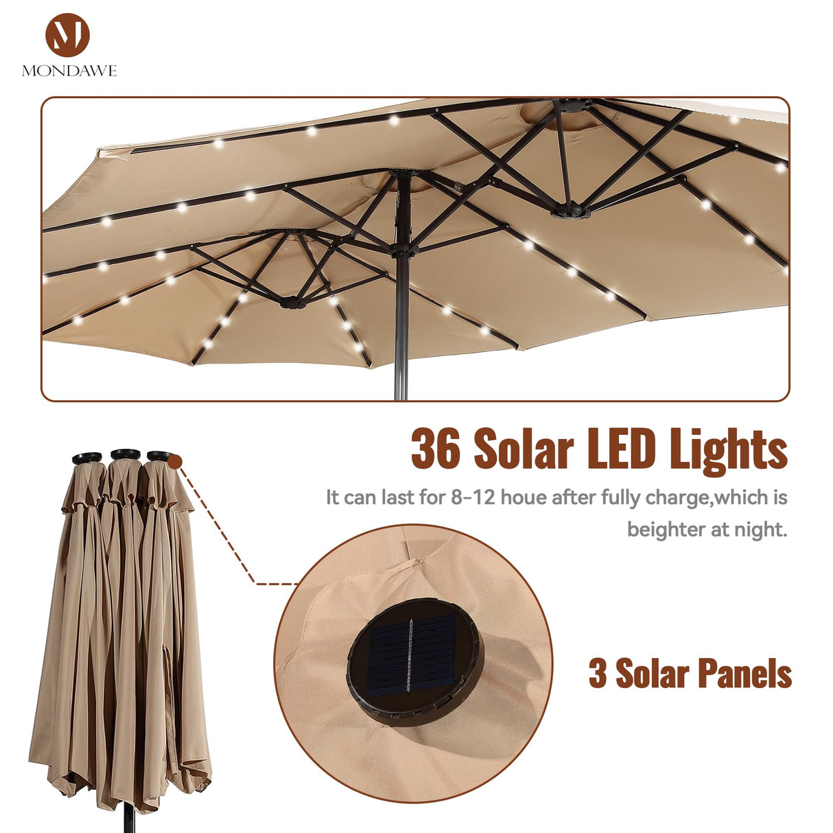 15ft Double Sided Patio Umbrella with Solar Lights (Base Included)