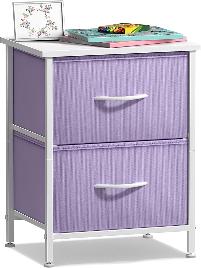 Nightstand with 2 Drawers - Kids Bedside Furniture End Table Night Stand - Steel Frame