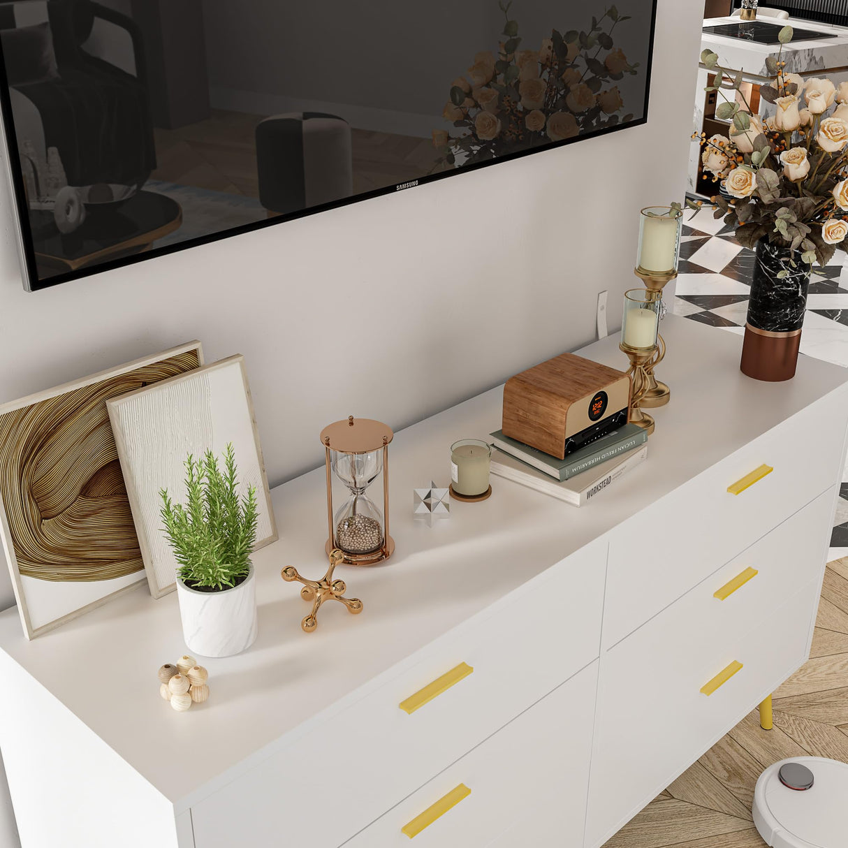 Homsee 6 Drawer Double Dresser Storage Chest of Drawers, Wood Dresser Chest with Gold Metal Legs for Bedroom, Living Room & Hallway, White (54”L x 15.6”W x 30.1”H)