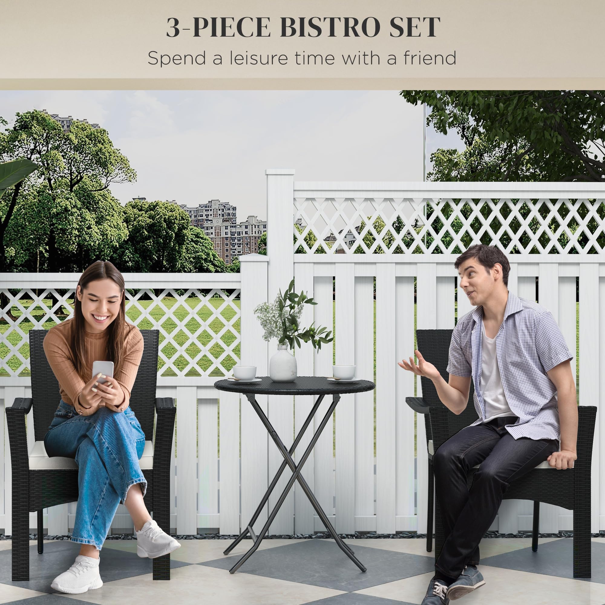 Outsunny 3 Pieces Wicker Outdoor Bistro Set, Rattan Patio Furniture Set with Folding Coffee Table, Porch Chairs with Cushions for Backyard, Balcony, Garden, White