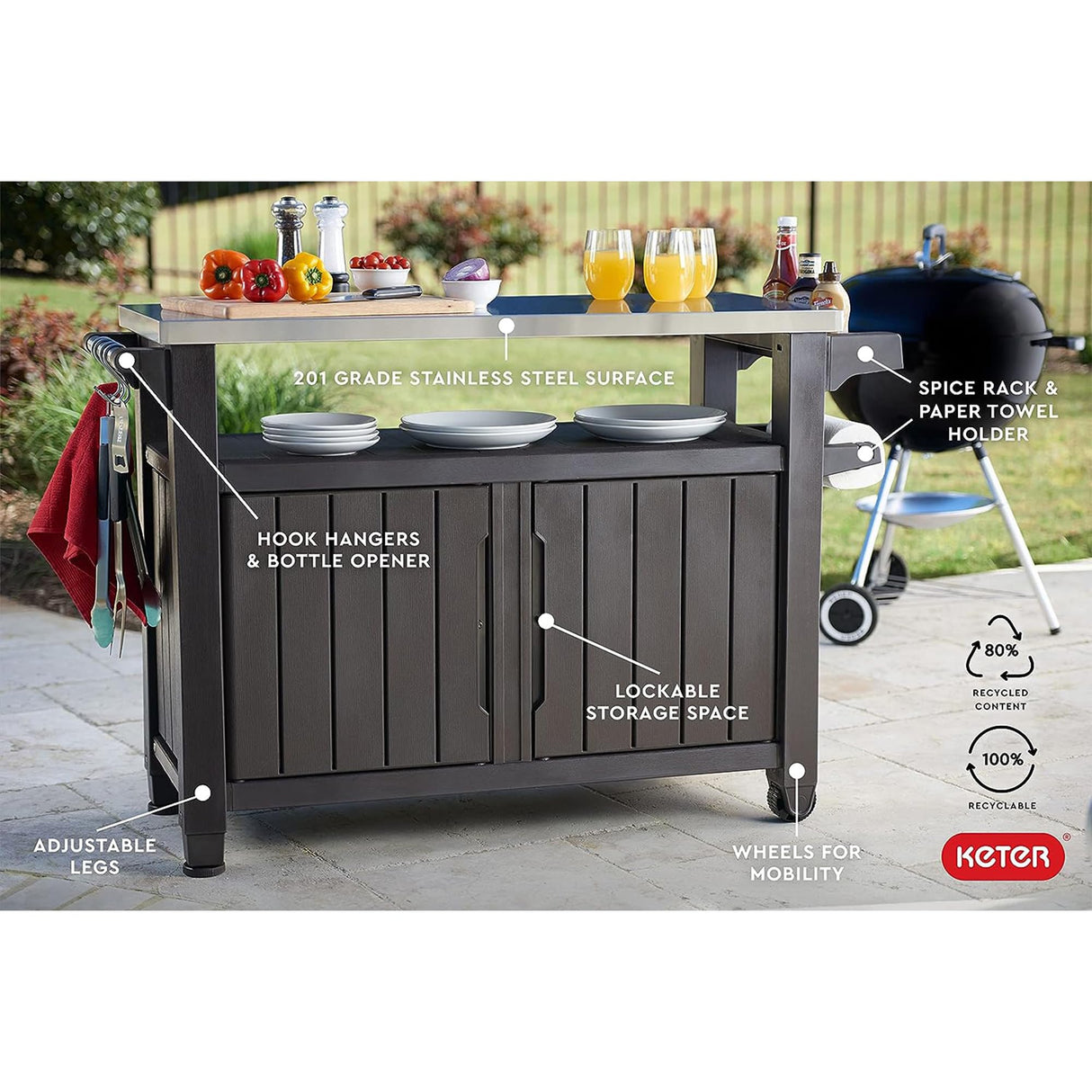 Unity XL Outdoor Kitchen Rolling Bar Cart with Storage Cabinet, Brown