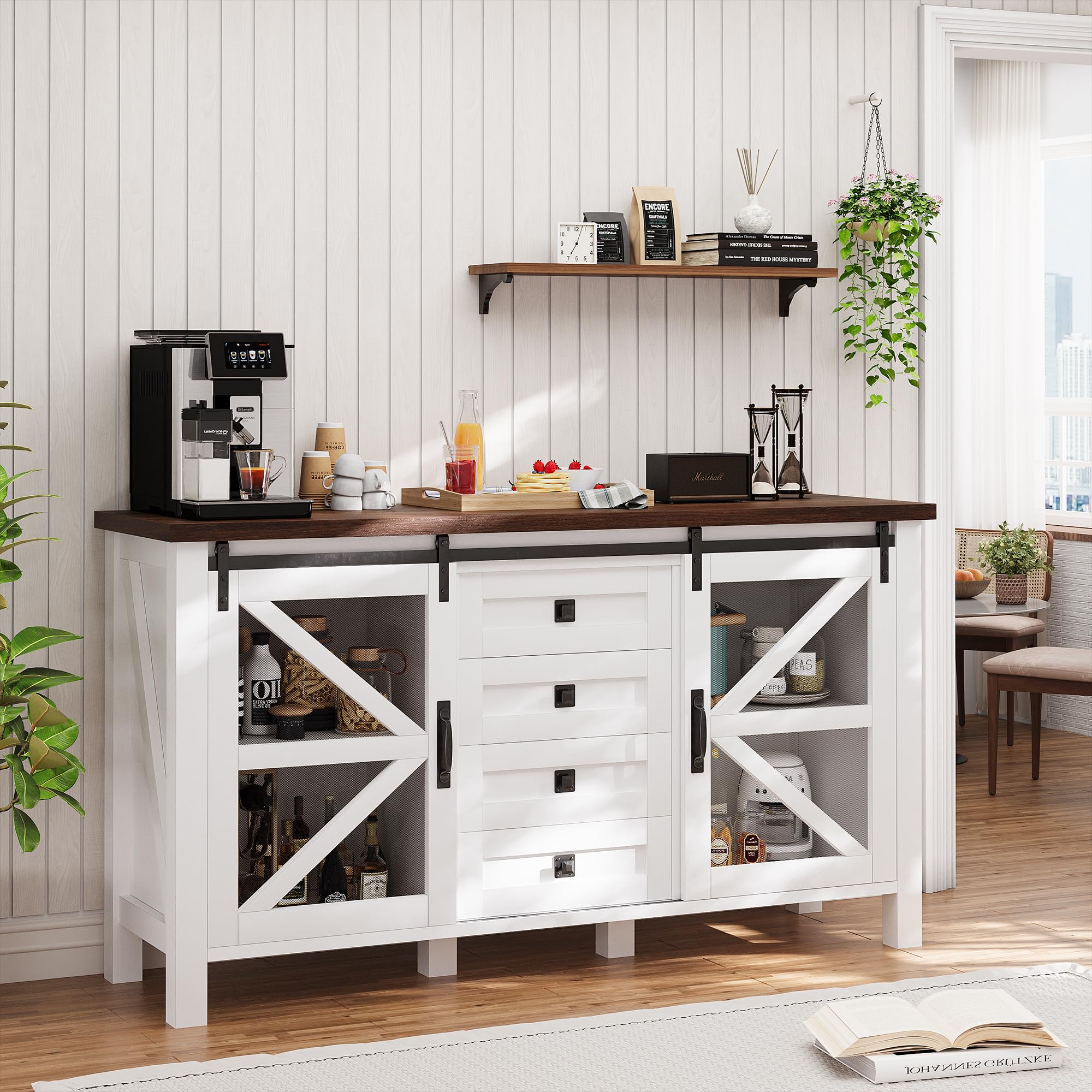 Farmhouse Sideboard Cabinet Buffet Cabinet with Storage, 60" Large Coffee Bar