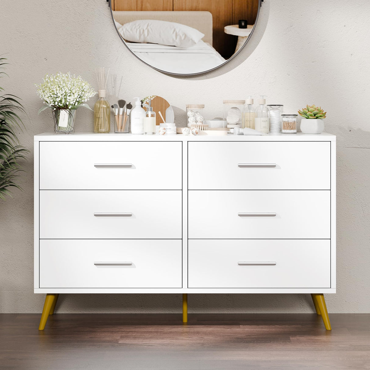 Shintenchi 6 Drawer Dresser, White Double Dresser for Bedroom, Modern Chest of Drawers TV Stand, Wooden Storage Organizer for Living Room, Entryway, White and Gold Dresser