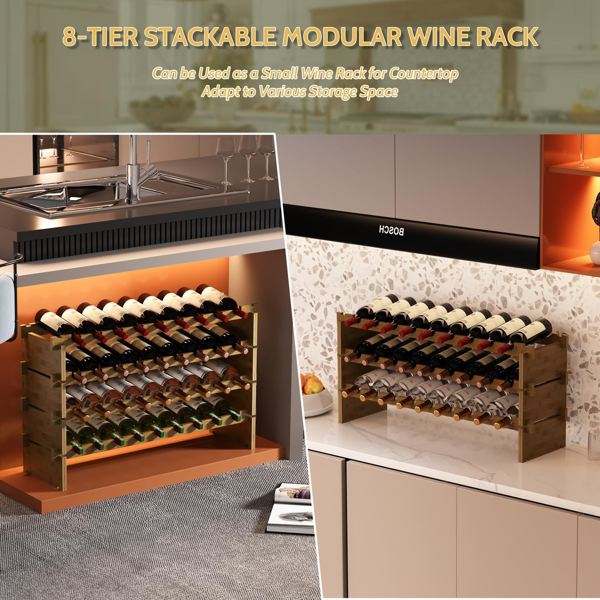 Wine Rack Freestanding Floor, Bamboo 8-Tier 69 Wine Bottle Holder Racks Countertop