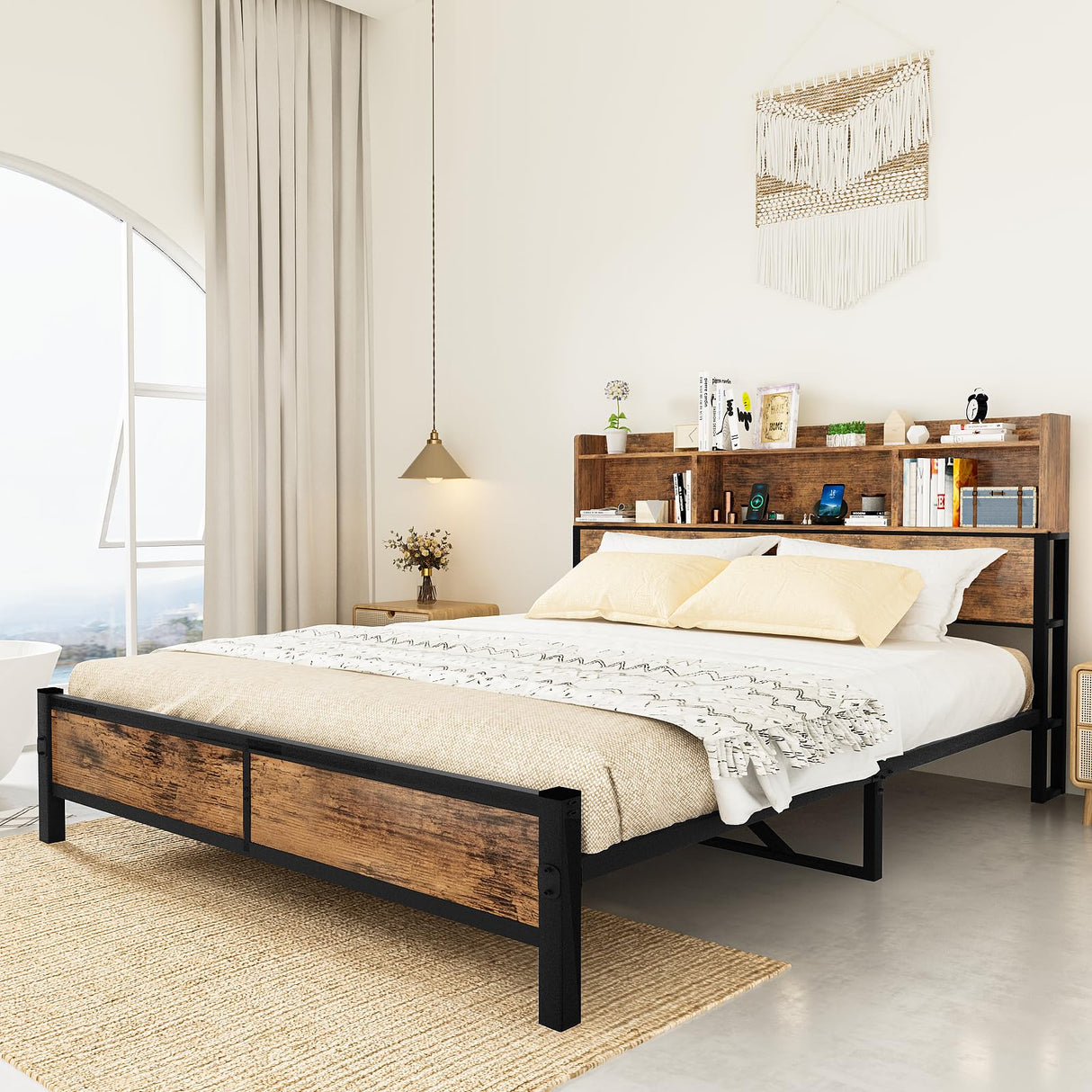 Lamerge Queen Bed Frame with Storage Headboard and Charging Station