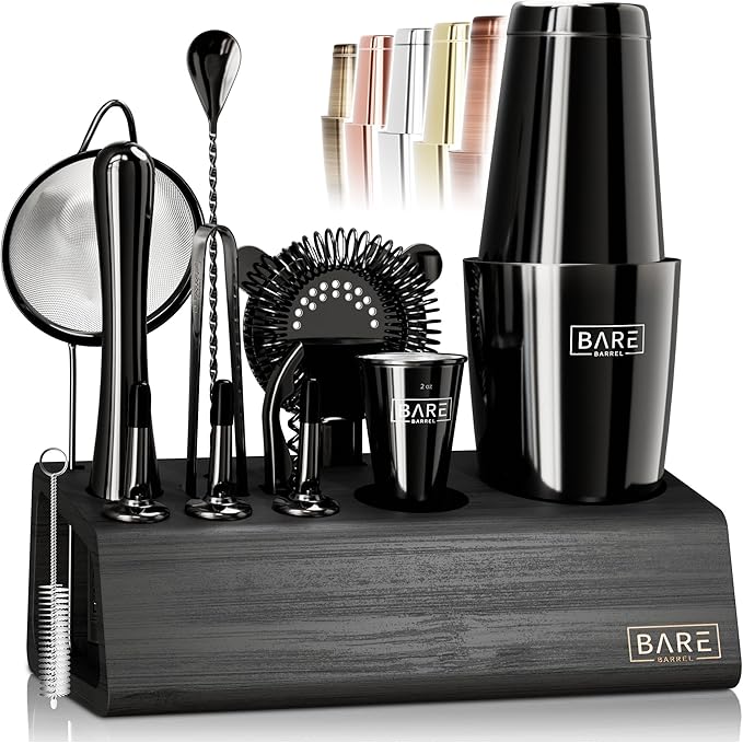 Mixology Bartender Kit Bar Set | 14-Piece Cocktail Shaker Set | Martini Barware Mixing Tools for Home Bartending | Incl. 35 Recipe Cards | Gift Set (28oz Boston Shaker, Jet Black/Black)