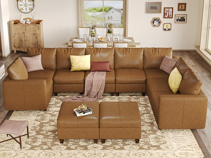 Large Modular Sectional Couch U Shaped Sofa with Storage, Faux Leather Modular Sofa 11 Seat Convertible