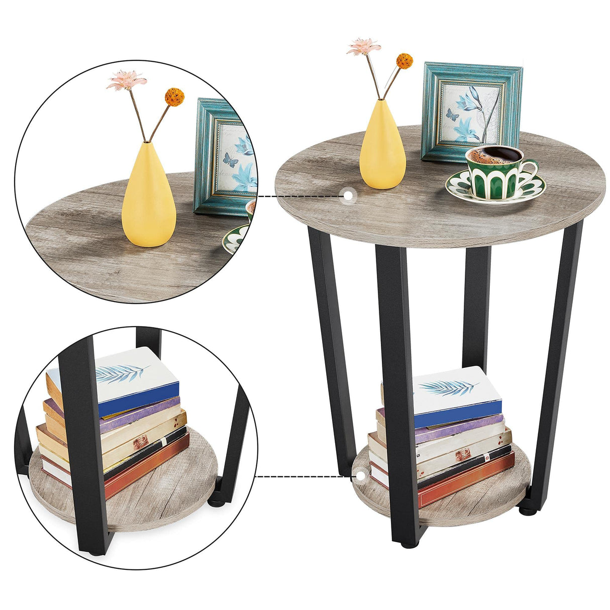 Farmhouse Round End Table with Storage Shelf, 2 Tier Side Table