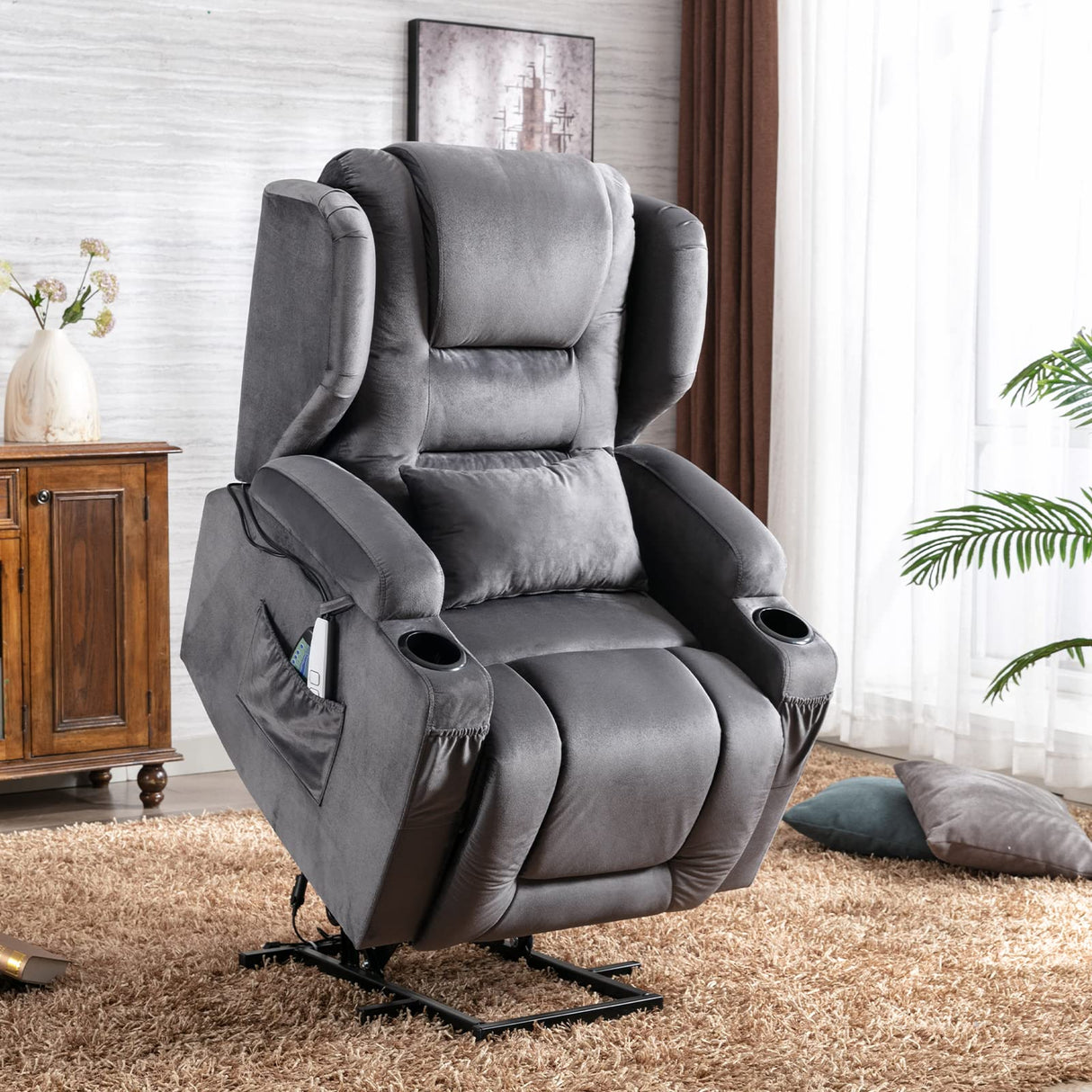 Power Recliner Chair with Massage and Heat Velvet Electric Reclining Ergonomic