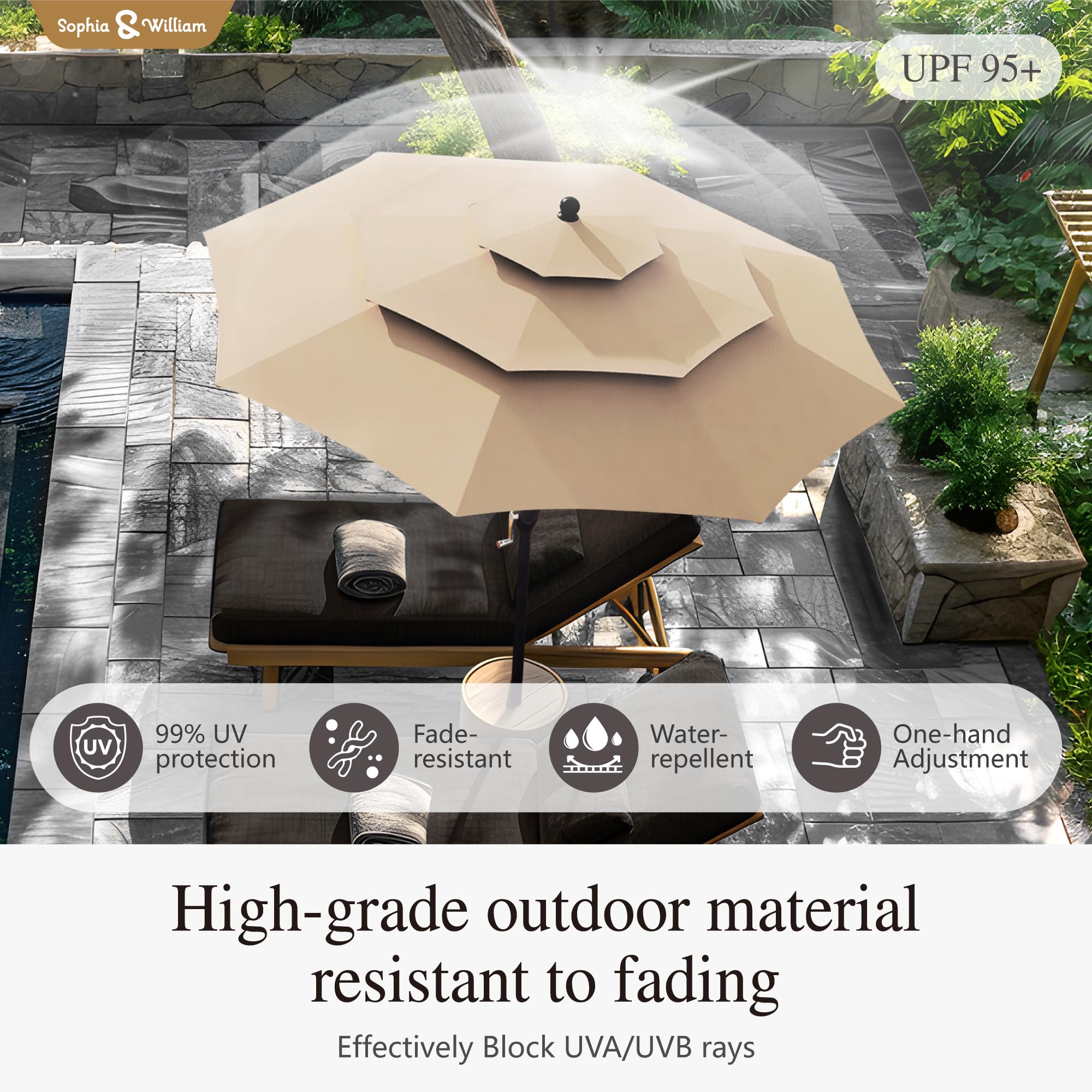 Sophia & William 10ft 3 Tier Auto-tilt Patio Umbrella, Outdoor Double Vented Umbrella with Crank, Beige