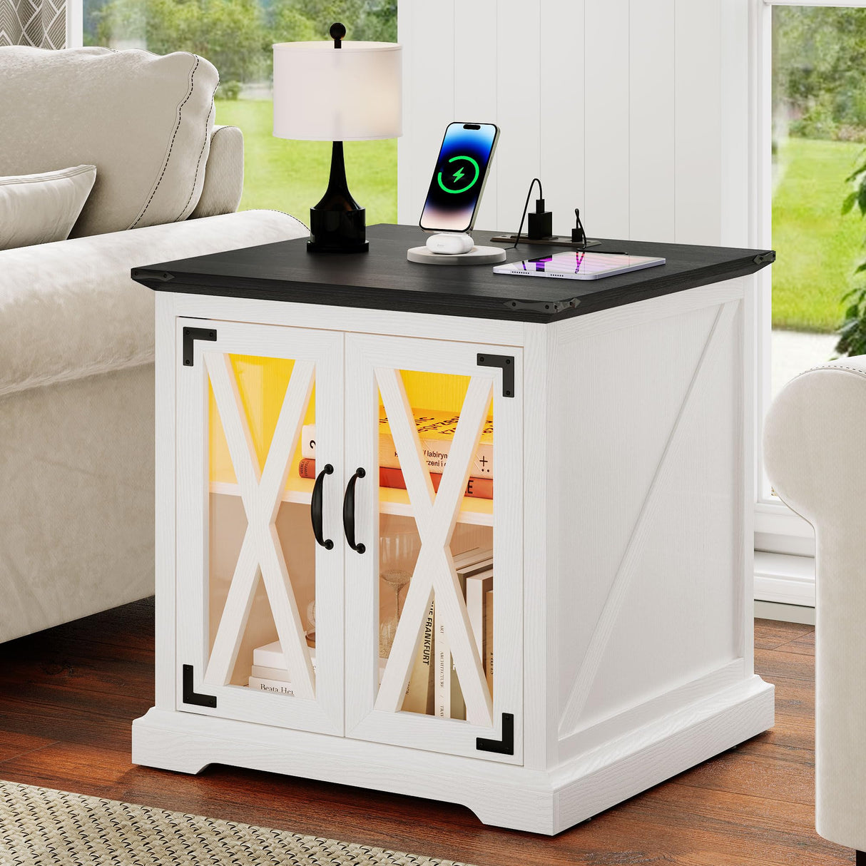 End Table, Farmhouse Sofa Side Coffee Table with Charging Station