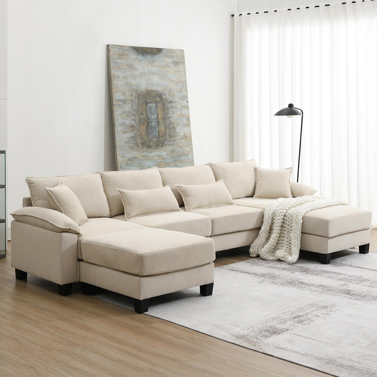 Wide Seat Corduroy Modular Sectional Sofa Bed, Oversize Indoor Furniture 6 Seat Free Combination Sleeper Couch Set with Ottomans and Armrest Pillow,Beige