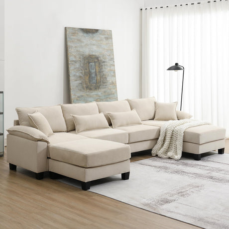 LUSPAZ Wide Seat Corduroy Modular Sectional Sofa Bed, Oversize Indoor Furniture 6 Seat Free Combination Sleeper Couch Set with Ottomans and Armrest Pillow,Beige