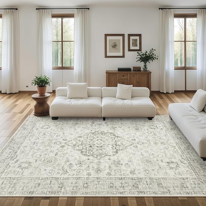 Machine Washable Rug 5x7 Sage Green Rugs for Living Room, Non Slip Vinatge Rug Boho