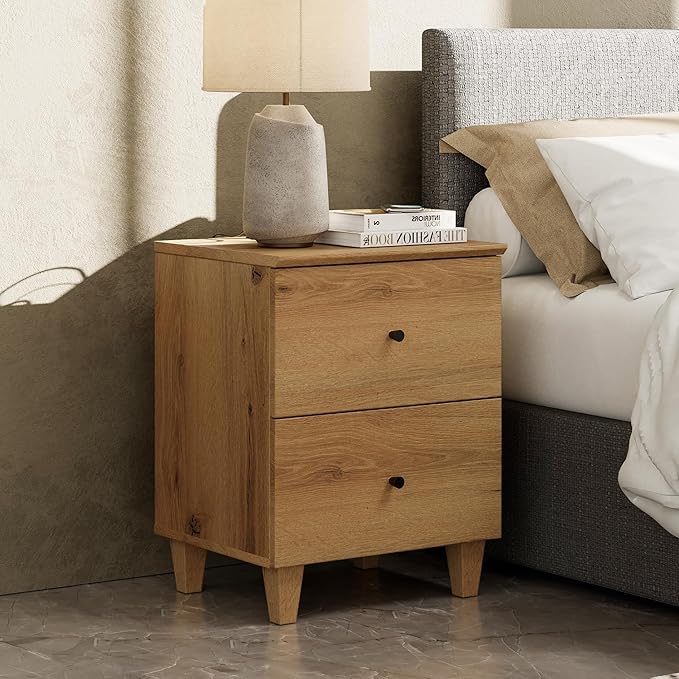 Nightstands with Charging Station & 2 Drawers Storage, Modern End Tables Mid-Century