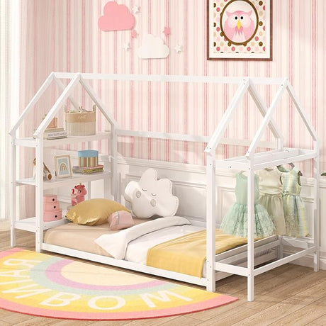 Twin Floor Bed, Wood Montessori Floor Bed with Detachable 3 Tier Storage Bookshelf & Clothes Rack