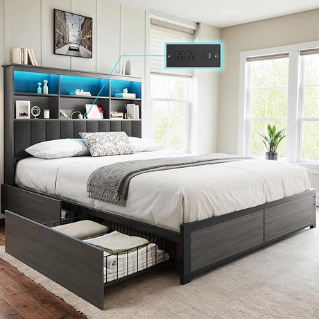 Queen Bed Frame with Headboard, Wood Bed Frame with High Storage Bookcase