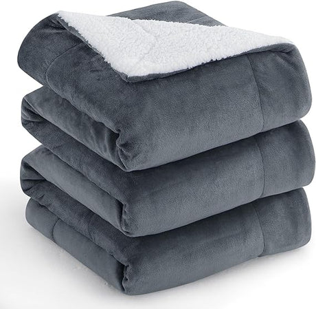 Warm Throw Blanket King - Thick Sherpa Flannel Reversible Blanket Grey for King Size