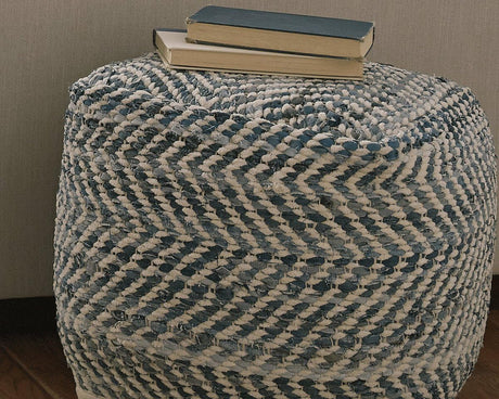 Chevron Handmade Woven Pouf 18 x 18, Blue and White