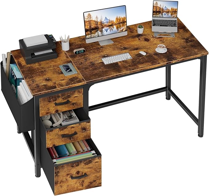 White Computer Desk with Fabric File Drawers Cabinet, 47 Inch Home Office Desks