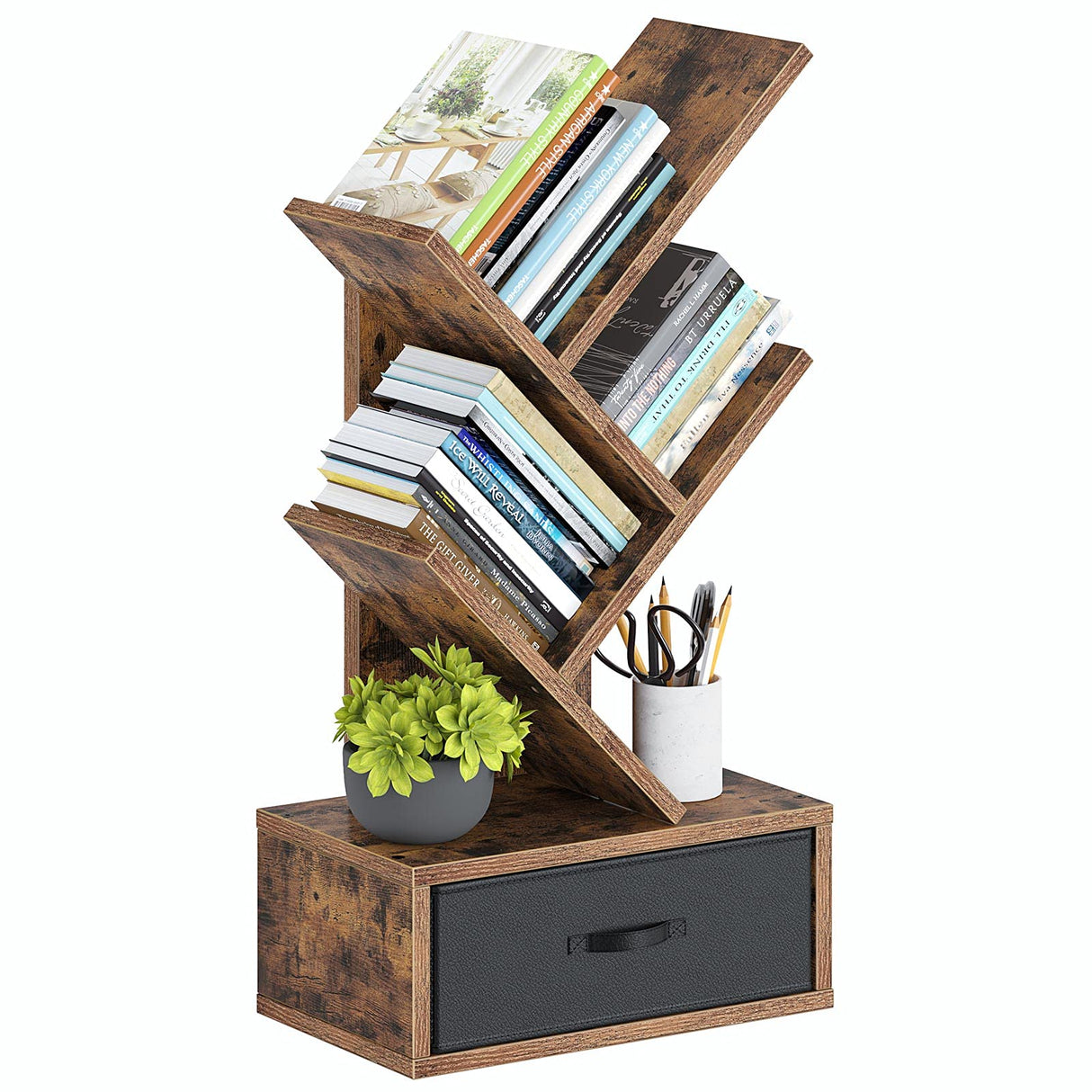 Rolanstar Bookshelf with Drawer, 4 Shelf Tree Bookshelf, Wooden Bookshelves Storage Rack for CDs/Movies/Books, Rustic Brown Bookcase, Utility Organizer Shelves for Living Room, Bedroom