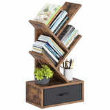 Rolanstar Bookshelf with Drawer, 4 Shelf Tree Bookshelf, Wooden Bookshelves Storage Rack for CDs/Movies/Books, Rustic Brown Bookcase, Utility Organizer Shelves for Living Room, Bedroom