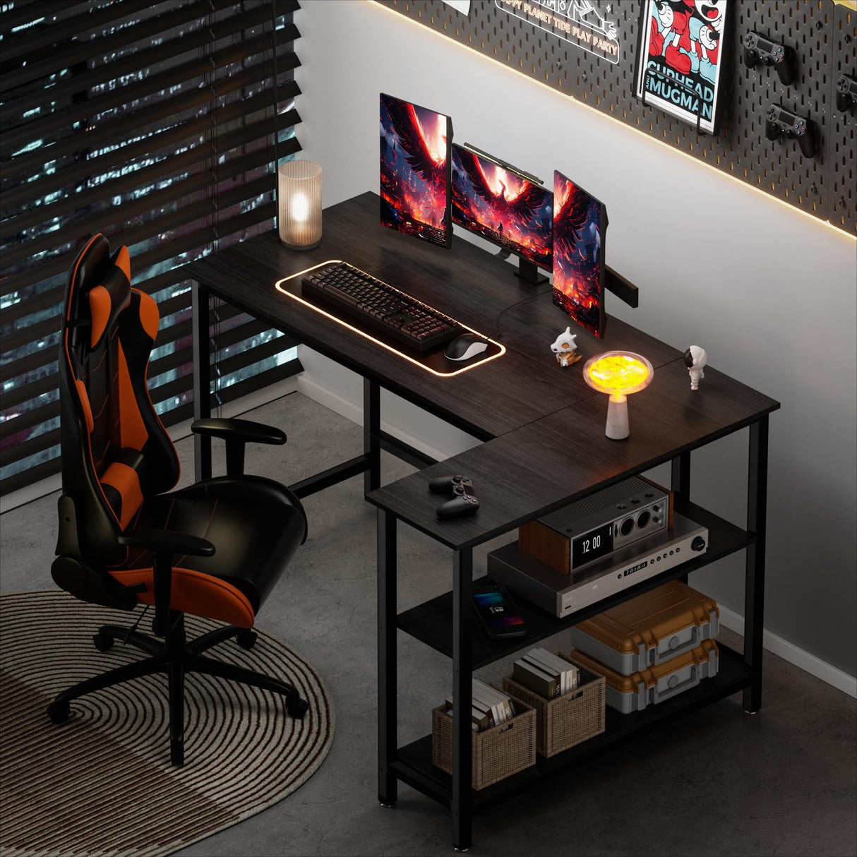 WOODYNLUX L Shaped Computer Desk - Home Office Desk with Shelf, Gaming Desk Corner Table for Work, Writing and Study, Space-Saving, Black