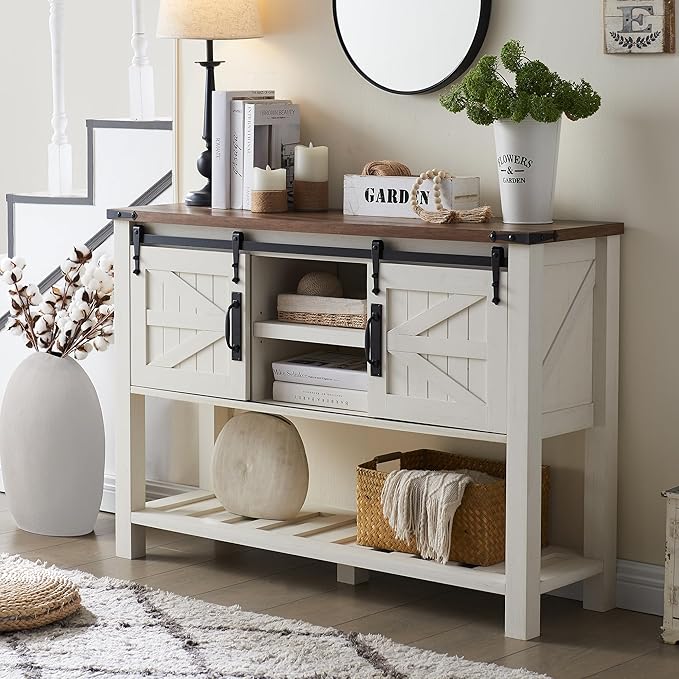 Entryway Table with Sliding Barn Doors, 46" Farmhouse Console Table with Storage Shelf