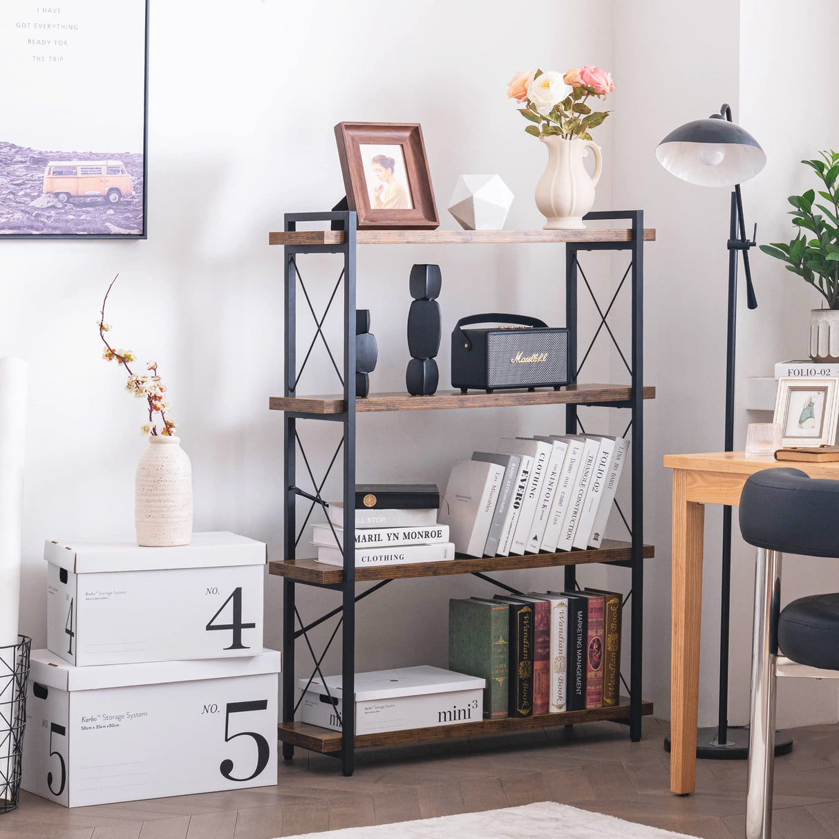 HCHQHS Bookshelf, 4-Tier Industrial Bookcase, Rustic Open Book Shelf, Freestanding Tall Bookshelves with Metal Frame