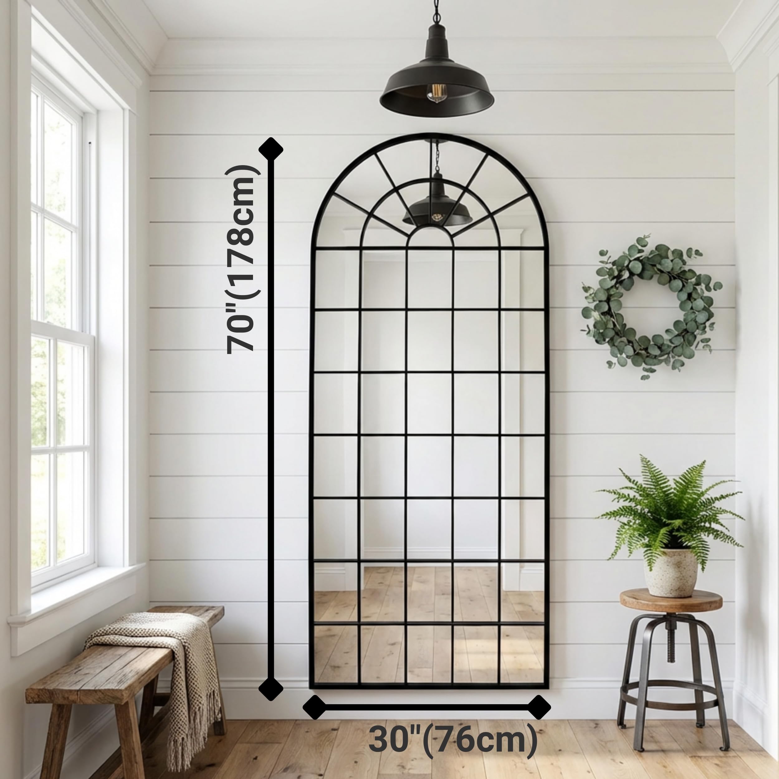 Large Arched Window Pane Mirror - 70x30 Inch Full Length Wall & Floor Mirror