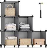 6 Cube Storage Organizer, DIY Closet Shelf, Plastic Clothes Organizer, Modular Bookcase, 11.8 x 11.8 x 11.8 Inch Cubes, with Feet and Rubber Mallet, Black ULPC06H