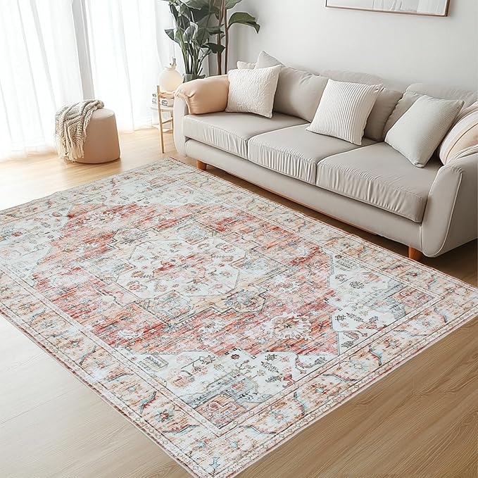 Washable Area Rug 5'x7' Organe Abstract Retro Boho Neutral Large Oriental Non-Slip&Stain Resistant