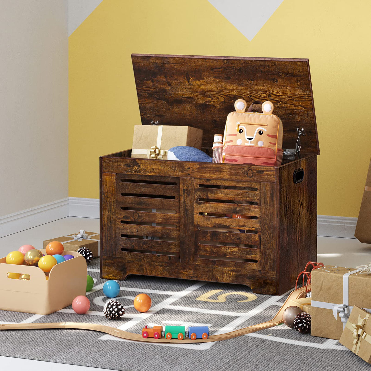 Storage Chest, Flip-Top Wooden Toy Box with 2 Safety Hinges, Retro Entryway Shoe Bench