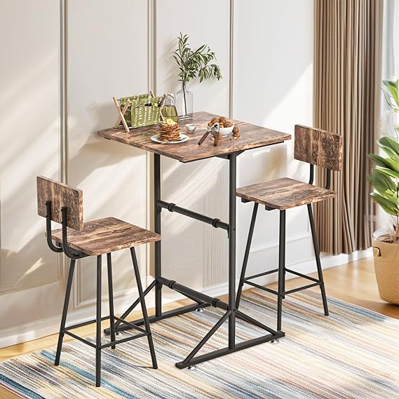 3-Piece Bar Table Chairs, Square Counter Height Bistro Dinette Sets