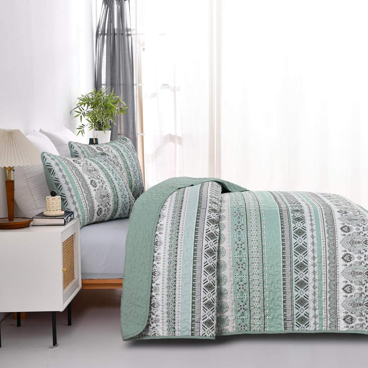 Boho Quilt Set Queen Size,3 Piece Mint Green Bohemian Striped Bedspread Coverlet Set
