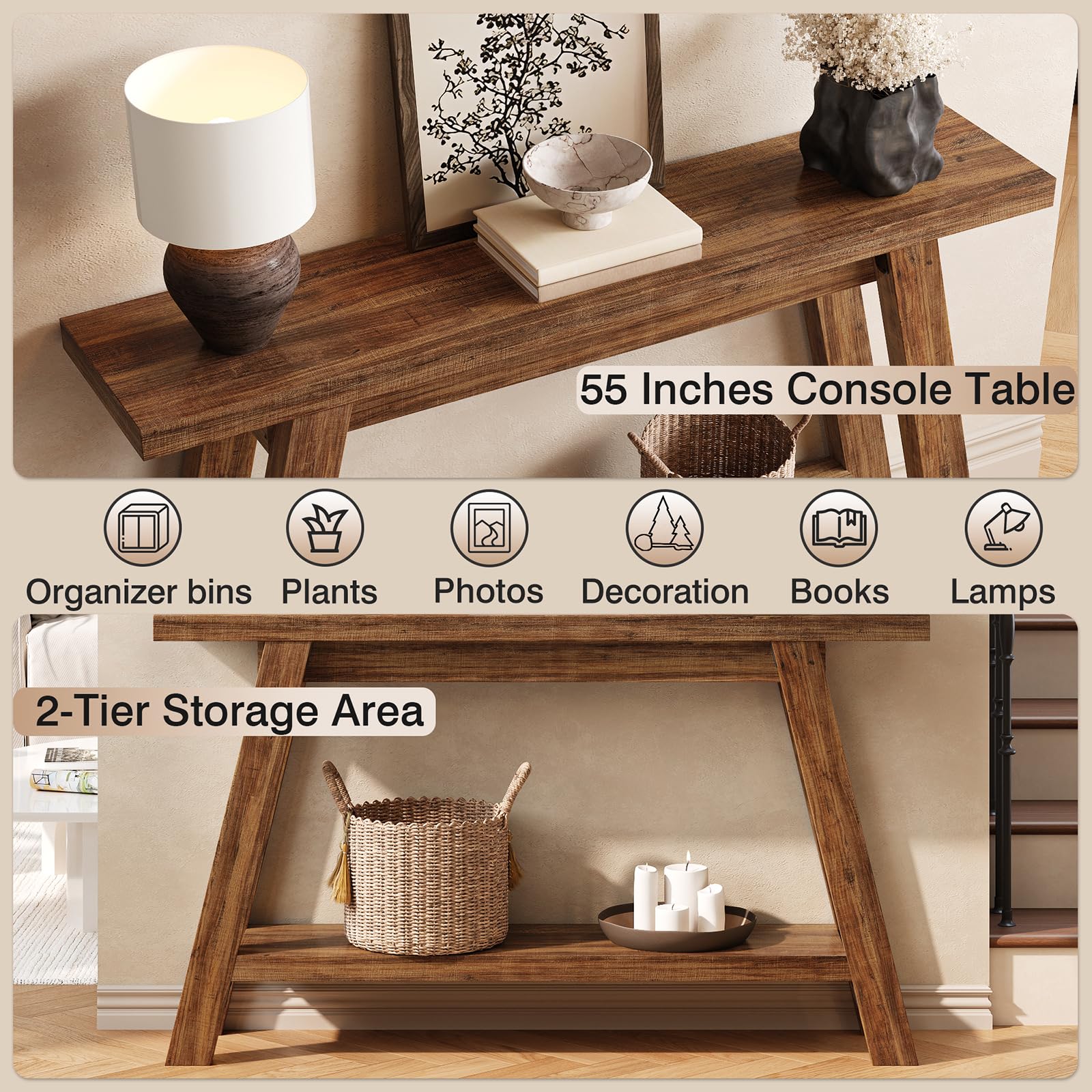 55-Inch Console Table with Storage - 2-Tier Narrow Wood Entryway Table
