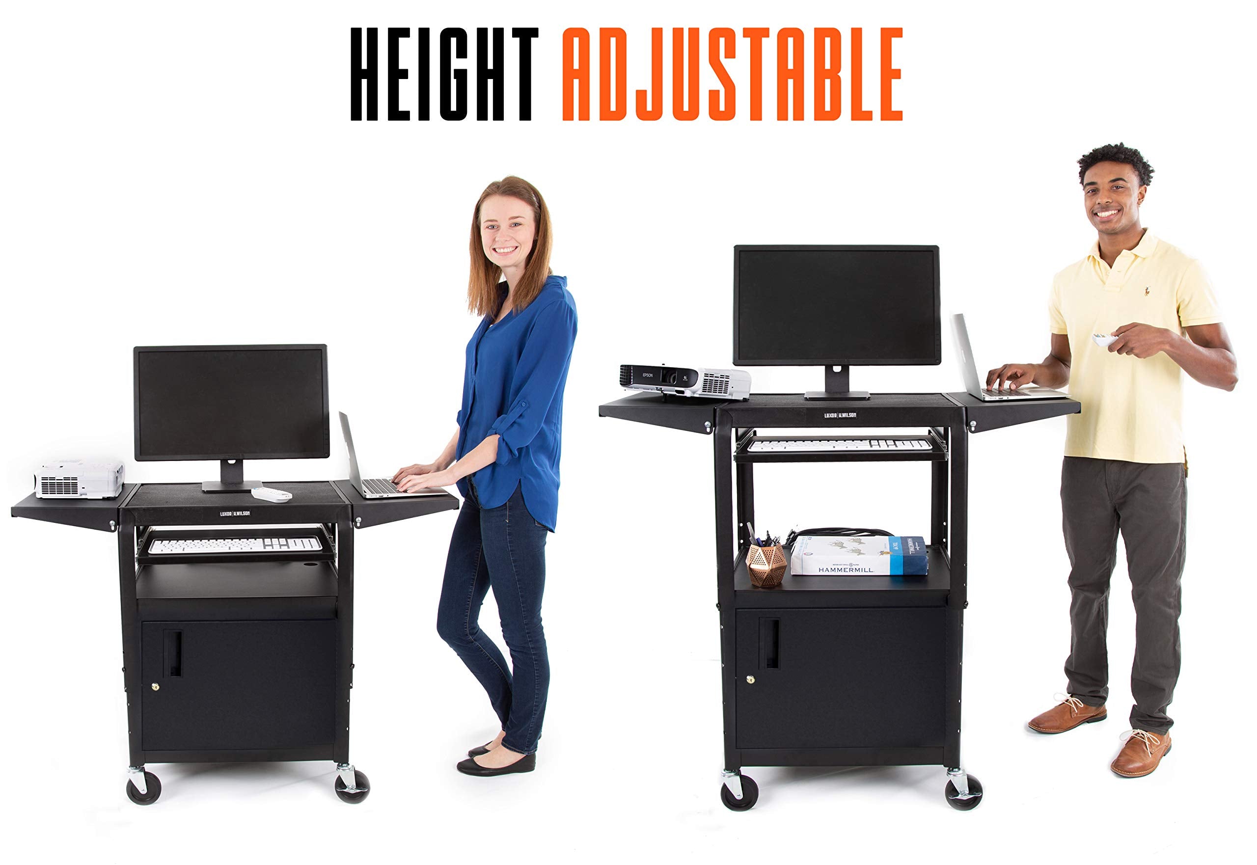 Line Leader Rolling AV Cart with Locking Cabinet, Laptop Stand, and Drop Leaves,