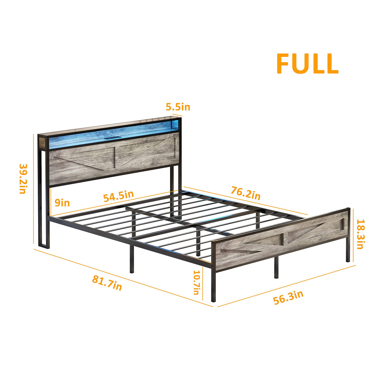 LED Full Size Bed Frame with Charging Station, Platform Metal Headboard Storage