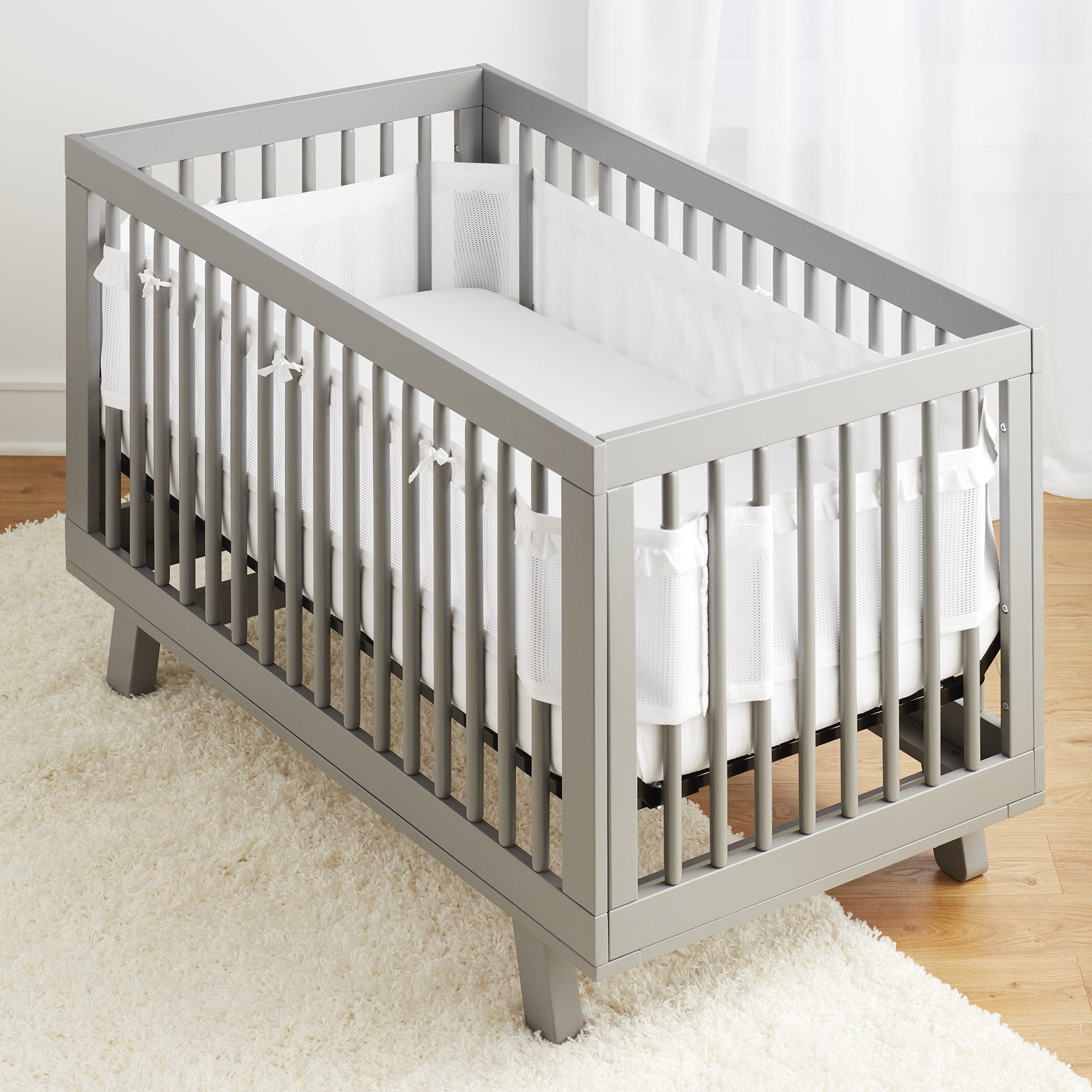 Breathable Mesh Liner for Full-Size Cribs, Deluxe 4mm Mesh, White Ruffle